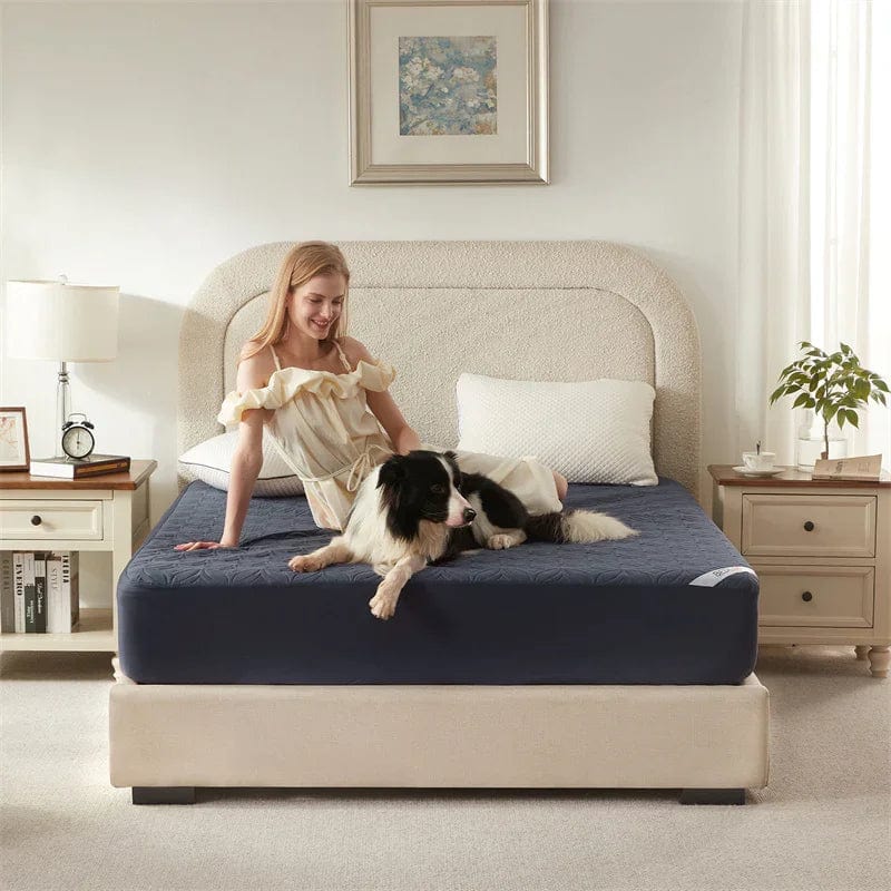 the waterproof good luck charm print mattress protector is pet-friendly, navy blue