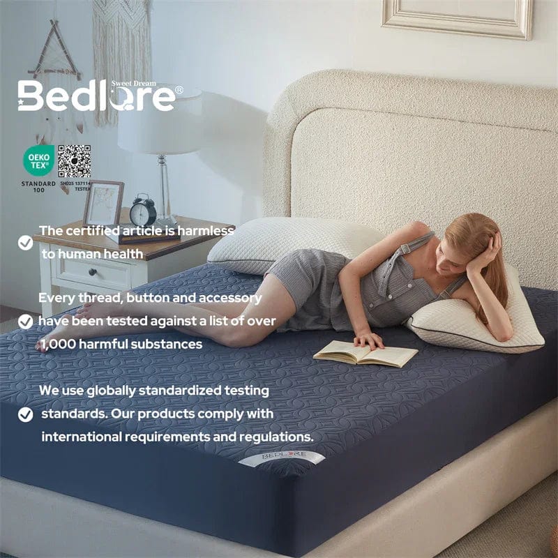 our waterproof noiseless solid color good luck charm print mattress protector is 100% no harm and skin-friendly, navy blue